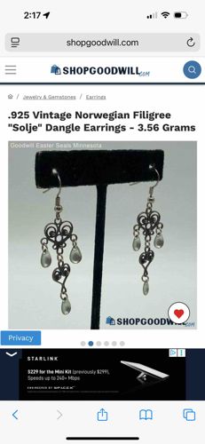 .925 Vintage Norwegian Filigree "Solje" Dangle Earrings