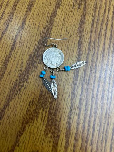 Native American Style Coin Earring with Turquoise and Feathers