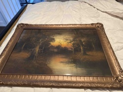 Framed Landscape Painting with Sunset and River
