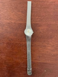 Ladies' Silver-Tone Mesh Band Watch with Pave Bezel