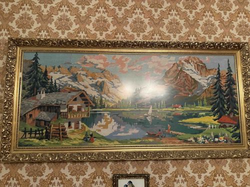 Framed Mid-Century Alpine Landscape Needlepoint Tapestry