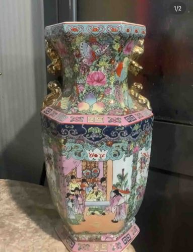 Famille Rose Polychrome Hexagonal Vase with Figural and Floral Panels