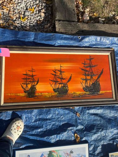 Seascape Painting with Three Sailboats at Sunset