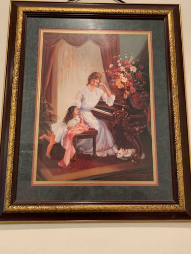 Framed Sentimental Genre Art Print: Woman and Child at Piano
