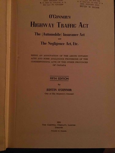 O'Connor's Highway Traffic Act, Fifth Edition (1952)