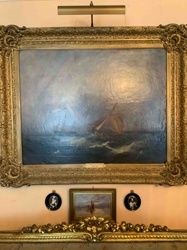 Framed Marine Seascape Oil Painting with Sailing Vessel