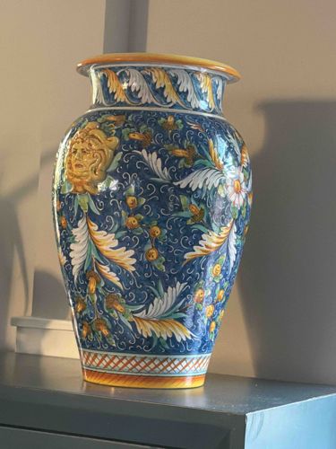 Deruta Majolica Amphora Vase with Grotesque Face and Floral Motifs