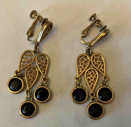 Vintage Gold-Tone Clip-On Dangle Earrings with Black Stones