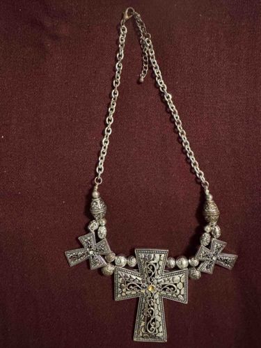Antiqued Silver-Tone Filigree Cross Statement Necklace