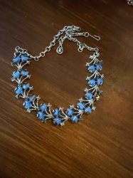 Blue Floral Glass Bead and Rhinestone Choker Necklace