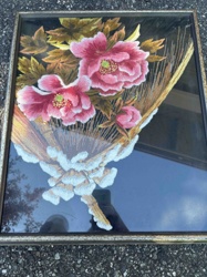 Framed Hand-Stitched Silk Embroidery of Peonies