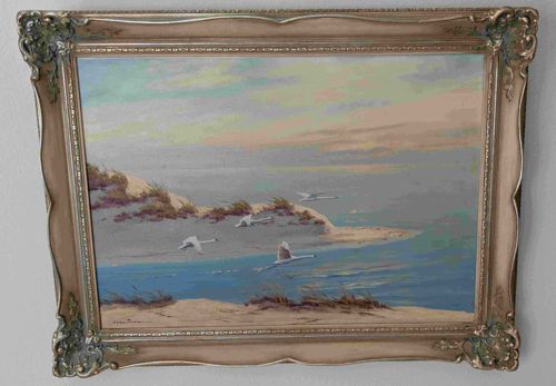 Seascape Painting with Swans by Dunes