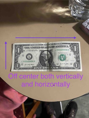 United States One Dollar Federal Reserve Note (Series L00009998H) with Printing Error