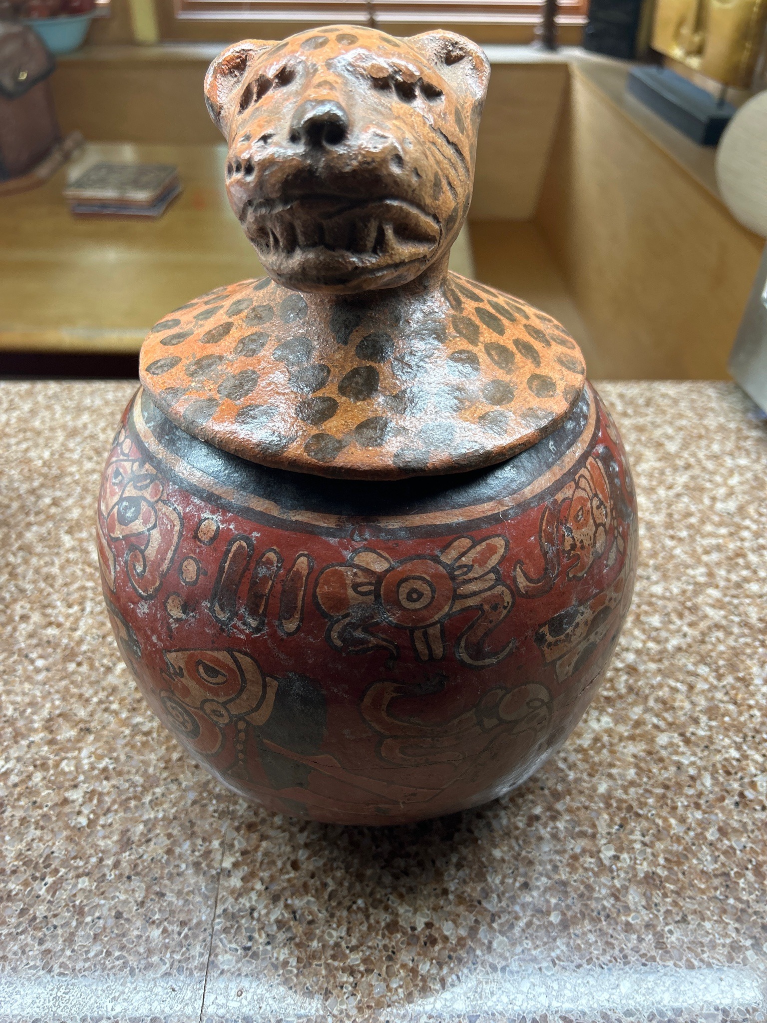 Submitted photo of Pre-Columbian style ceramic vessel with jaguar lid (unauthenticated)