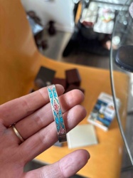 Silver-Toned Mosaic Inlay Cuff Bracelet with Turquoise and Reddish-Pink Stone