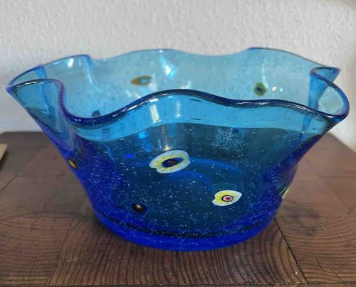Murano Style Art Glass Millefiori Frilled Ruffled Bowl