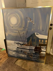 Framed Coastal Scene Print with Fishing Boat and Seagull