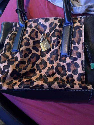 Leopard Print Calf Hair and Black Leather Tote Bag