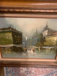 Street Scene Painting with Equestrian Figures by A. Rival