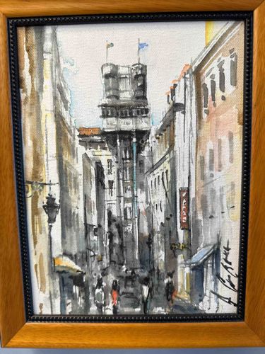 Framed Watercolor Painting of Santa Justa Lift in Lisbon