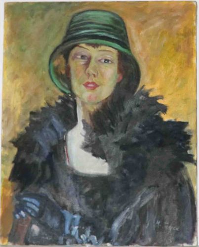 Portrait of a Woman in a Green Cloche Hat and Fur Stole