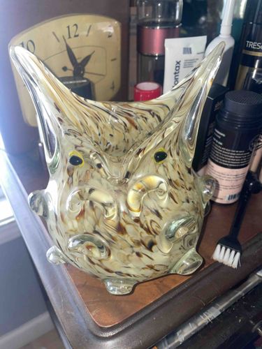 Mid-Century Murano Tortoise Splatter Glass Owl Figurine