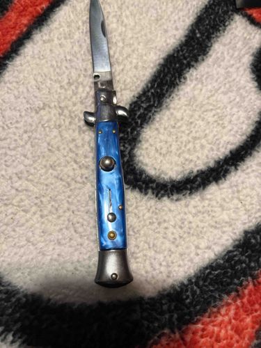 Automatic Stiletto Folding Knife with Blue Swirl Handle