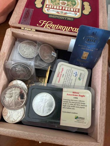 Collection of US Silver Dollars and Bullion in Arturo Fuente Wood Box