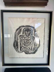Monochrome Primitive-Style Human and Feline Print