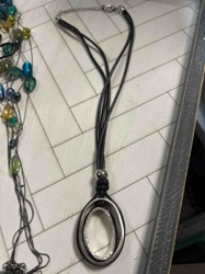 Black Leather Cord Necklace with Double Oval Pendant