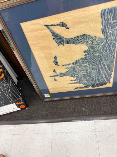 Framed Textile Art with Mythological Creature Motif