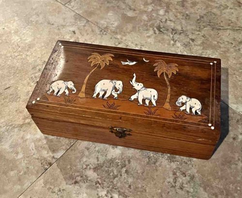 Inlaid Wooden Keepsake Box with Elephant and Palm Tree Motif