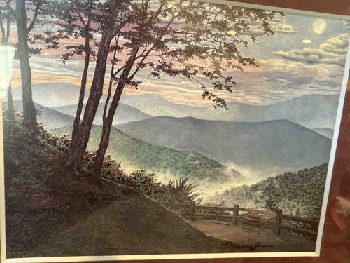 Mountain Landscape Print with Moon and Fog