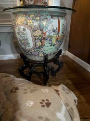 Large Famille Rose Porcelain Fishbowl with Wooden Stand and Glass Top