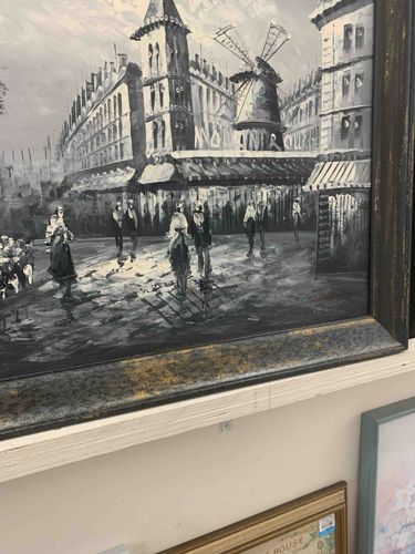 Framed Monochrome Painting of Moulin Rouge Street Scene