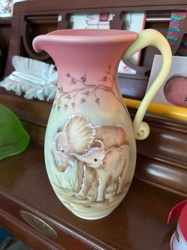 Hand-Painted Elephant Motif Pitcher/Vase with Applied Handle