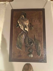 Mixed Media Wall Sculpture with Carved Wood and Textile Elements