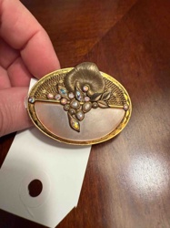 Oval Brooch with Pearlescent Panel, Faux Pearls, and Aurora Borealis Rhinestones