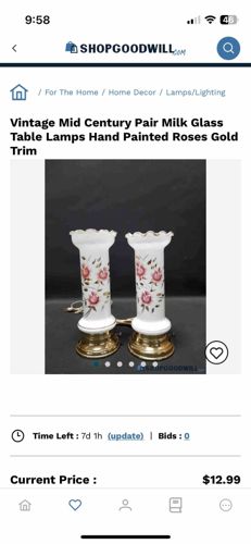 Vintage Mid Century Pair Milk Glass Table Lamps Hand Painted Roses Gold Trim