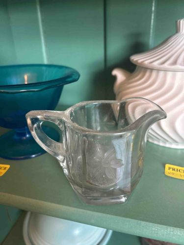 Pressed Glass Creamer with Etched Floral Design