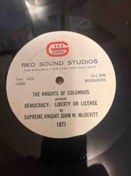 The Knights of Columbus present Democracy: Liberty or License by Supreme Knight John W. McDevitt (1971) LP Record
