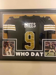 Framed Drew Brees Signed New Orleans Saints Jersey with Photos and 'WHO DAT' Text