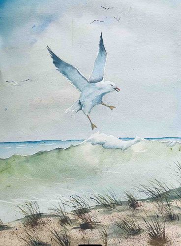 Seagull Over Breaking Wave Watercolor Painting by Mary Chesney