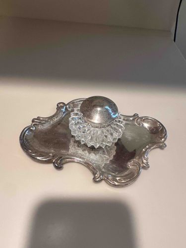 Edwardian Sterling Silver and Cut Glass Inkwell with Underying Stand
