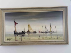 Oil Painting: Harbor Scene with Sailing Boats by Spengler