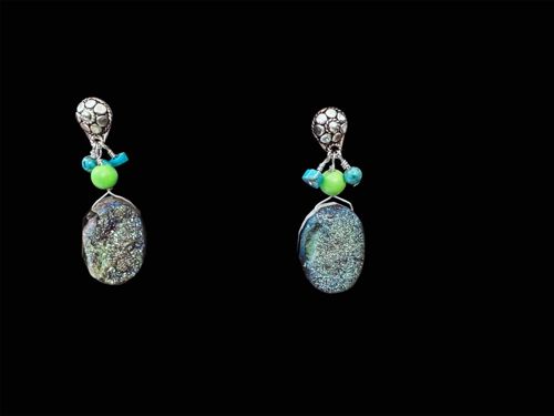 Sterling Silver Druzy Quartz and Turquoise Dangle Earrings