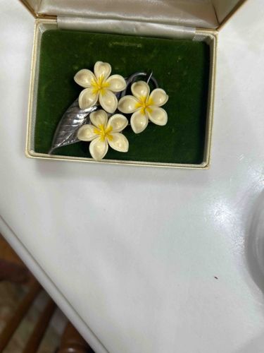 Vintage Carved Bone and Silver Frangipani (Plumeria) Brooch