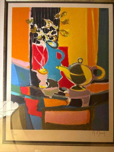 Marcel Mouly, Still Life with Teal Pitcher and Yellow Teapot Lithograph