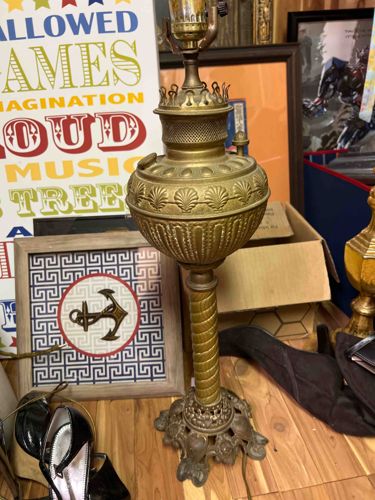 Antique Brass Convertible Oil Lamp with Electric Conversion
