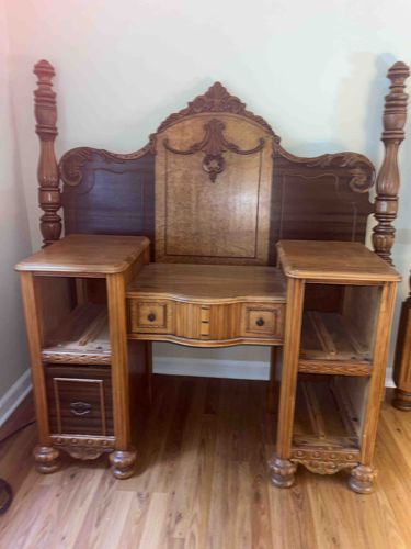 Vintage Carved Wood Headboard with Integrated Side Tables and Vanity/Desk